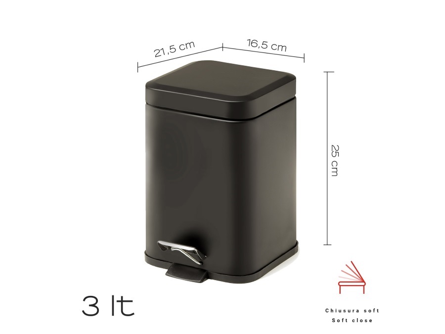 GEDY SPA Argenta, portarifiuti quadrato 3lt nero matt