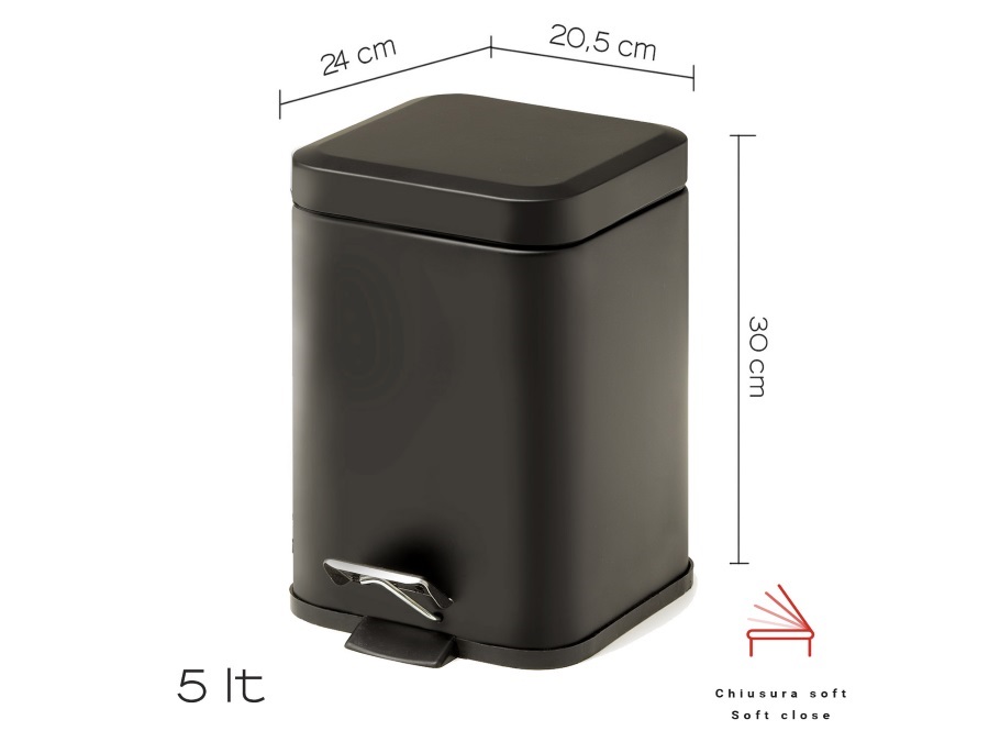 GEDY SPA Argenta, portarifiuti quadrato 5lt nero matt