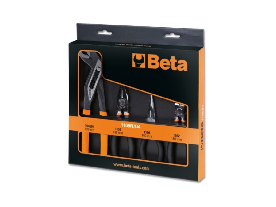 BETA UTENSILI ASSORTIMENTO DI 1 PINZA UNIVERSALE A GRANDE EFFETTO , 1 PINZA BECCHI MEZZOTONDI LUNGHI, 1 TRONCHESE CROMATO E 1 PINZA A CERNIERA CHIUSA FOSFATATA - ART. 1169N/D4