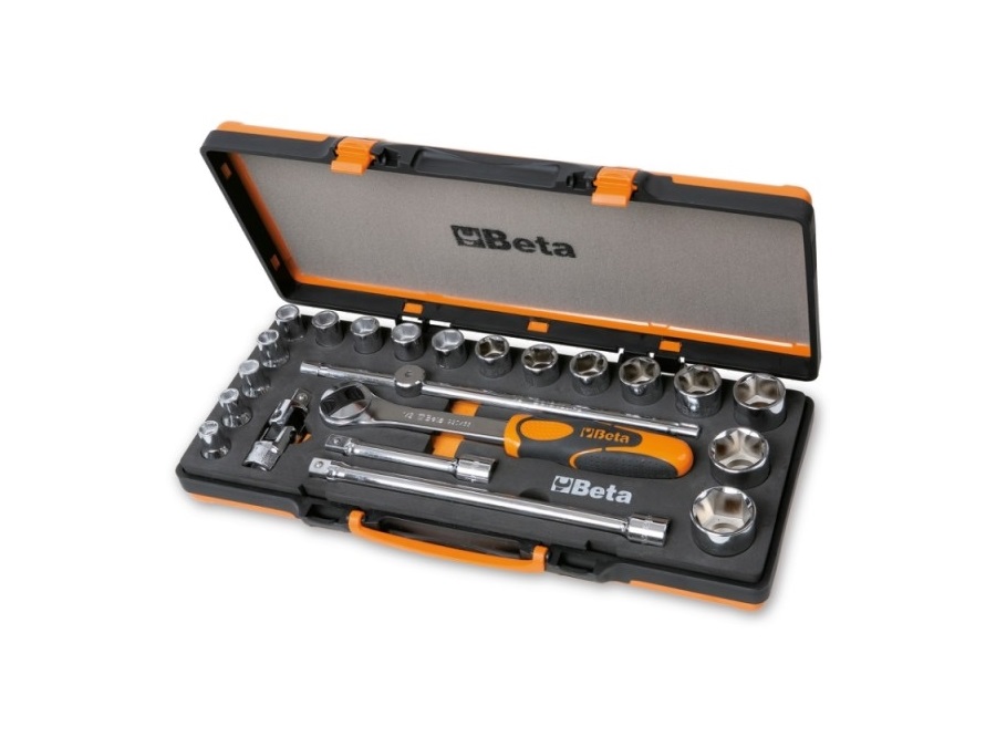 BETA UTENSILI Assortimento di 17 chiavi a bussola esagonali e 5 accessori in termoformato morbido, in cassetta di lamiera - VARIANTE CON CRICCHETTO REVERSIBILE