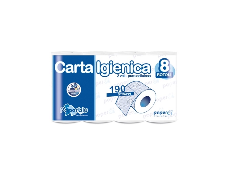 PAPERDI' S.R.L. BAULETTO CARTA IGIENICA PAPERBLU DA 8 ROTOLI, 190 STRAPPI CAD, 12 CF