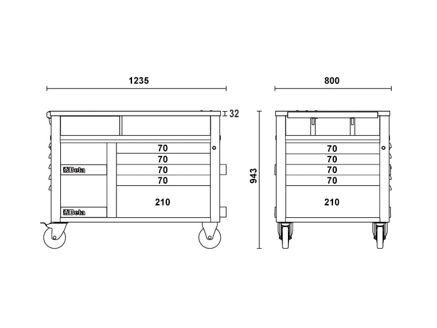 BETA UTENSILI Carrello supertank con piano di lavoro in legno e 10 cassetti , arancio