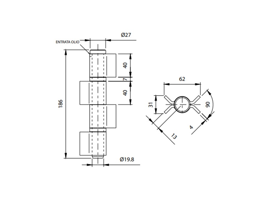 COMUNELLO CERNIERONA A 4 ALI APERTE, PERNO SFILABILE CON RONDELLA 180 mm A.480