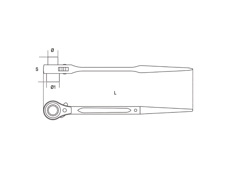 BETA UTENSILI Chiave a cricchetto per ponteggi cromata - MISURA 21x22 mm - (Lung) 365 mm - (Diam) 29,0 mm - (Ø1) 29,4 mm - (S) 56 mm