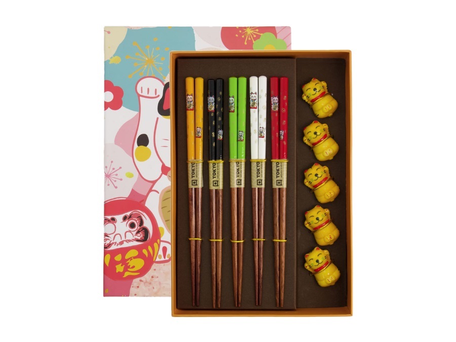 TOKYO DESIGN STUDIO Chopstick, set 5 coppie di bacchette con supporto, lucky cat