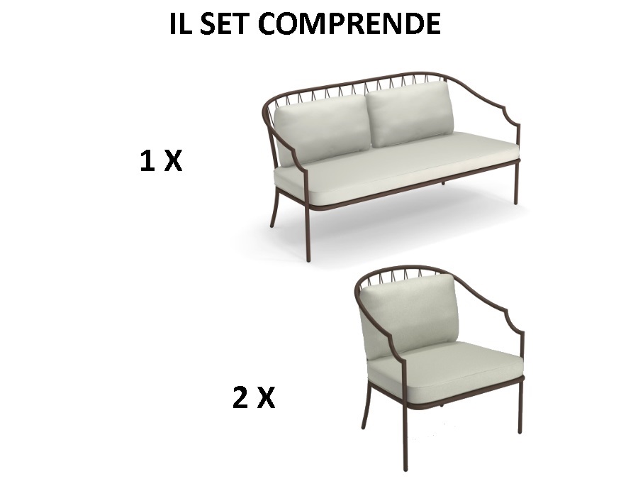 EMU Como, set divano e 2 poltrone marrone india con cuscini écru