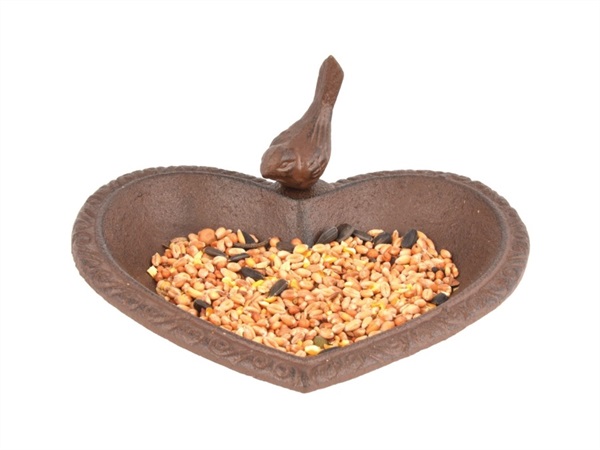 ESSCHERT DESIGN Bagnetto cuore/Dispenser per granaglie in ghisa con decoro uccellino