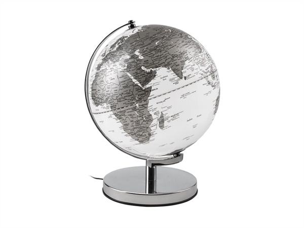 MASCAGNI Mappamondo illuminato, bianco su base color argento, Ø 30 cm