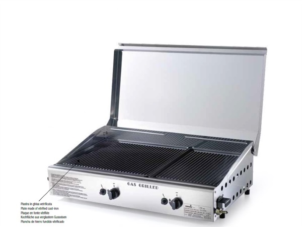 OMPAGRILL PLANCHA DOUBLE OMPAGRILL METANO CON PIASTRE IN GHISA RIGATA VETRIFICATA E COPERCHIO