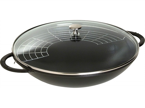 STAUB Wok con due manici, ghisa, nero, coperchio in vetro, Ø 37 cm