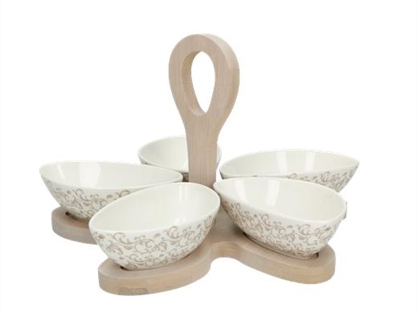 BRANDANI GIFT GROUP S.A.S. ANTIPASTIERA RICCIOLI DI FATA IN PORCELLANA CON SUPPORTO IN BAMBOO NATURALE