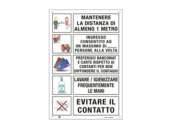 CARTELLI SEGNALATORI Etichetta attacca/stacca, prescrizioni per il pubblico per prevenire il contagio, 20x30 cm