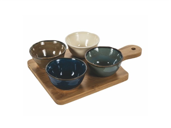 VILLA D'ESTE HOME TIVOLI Hama Finger Food Set 4 pezzi in porcellana con vassoio in bamboo