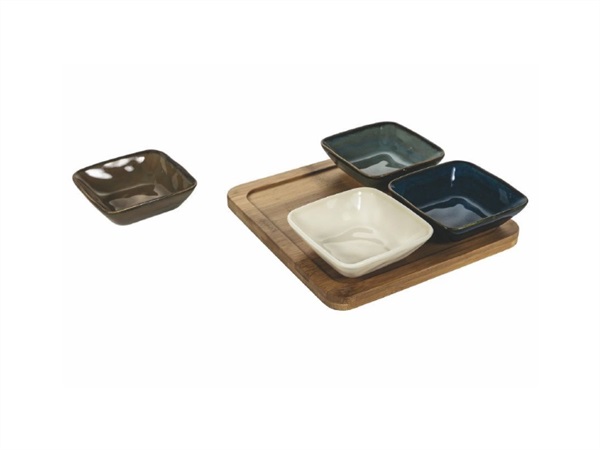 VILLA D'ESTE HOME TIVOLI Hama Finger Food Set 4 pezzi in porcellana con vassoio in bamboo