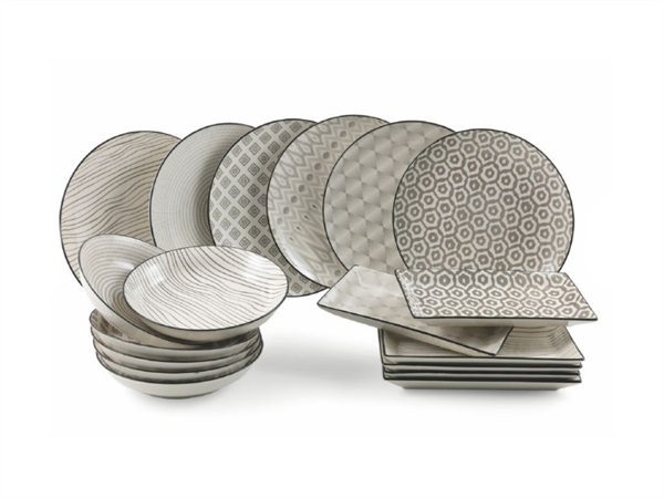 VILLA D'ESTE HOME TIVOLI Grey Confusion Servizio tavola 18 pezzi in gres smaltato, design orientale -6 posti tavola