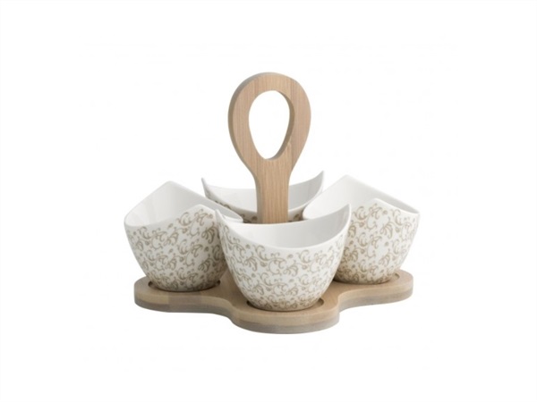 BRANDANI GIFT GROUP S.A.S. ANTIPASTIERA RICCIOLI DI FATA SET 4 PEZZI IN PORCELLANA CON SUPPORTO IN BAMBOO NATURALE