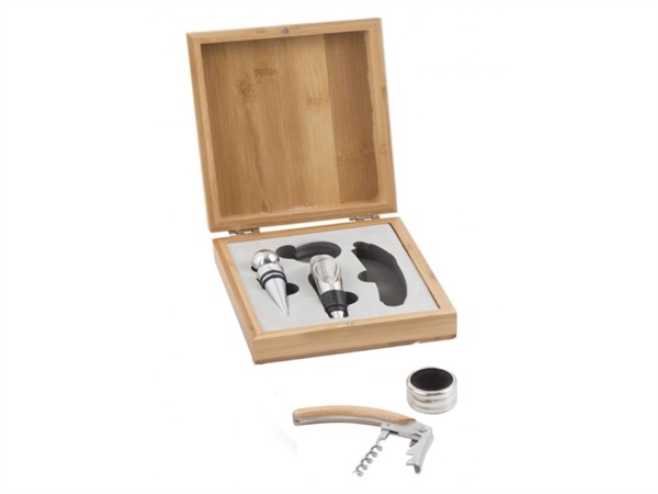 BRANDANI GIFT GROUP S.A.S. COFANETTO ENOTECA SET 4 PEZZI IN ZINC ALLOY, ACCIAIO INOX E BAMBOO