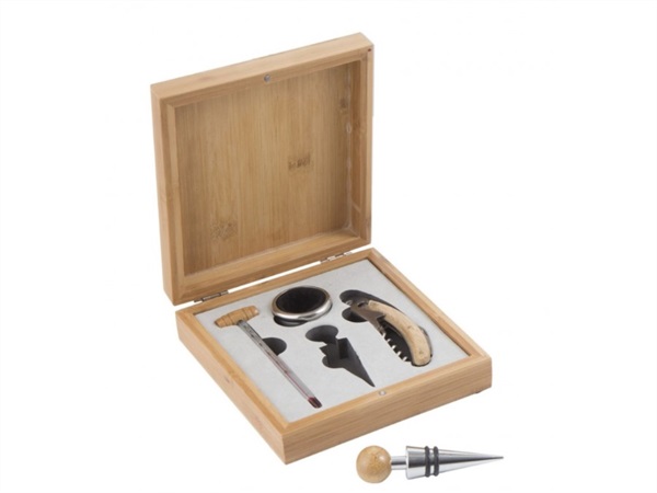 BRANDANI GIFT GROUP S.A.S. COFANETTO ENOTECA SET 4 PEZZI IN ZINC ALLOY, ACCIAIO INOX E BAMBOO