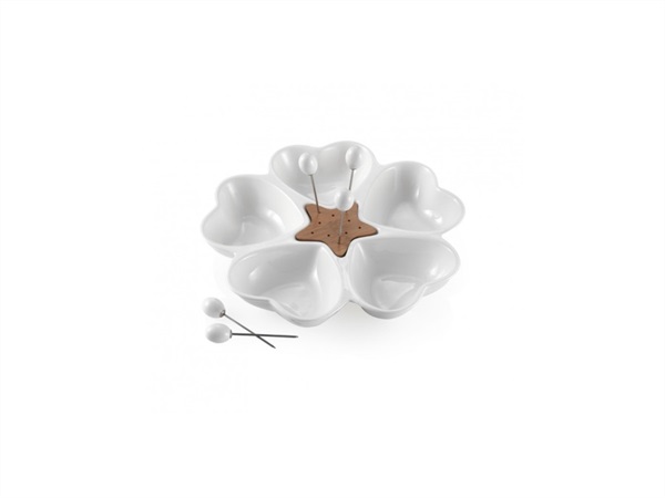 BRANDANI GIFT GROUP S.A.S. ANTIPASTIERA MILLE CUORI IN PORCELLANA BIANCA E BAMBOO CON 5 FORCHETTINE IN ACCIAIO INOX