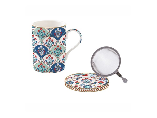 EASY LIFE Iznik, Mug e sottobicchiere in porcellana Fine China con infusiera in metallo 350 ml