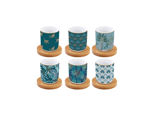 EASY LIFE Jungle, Set 6 tazzine espresso 110 ml con piattini in bamboo