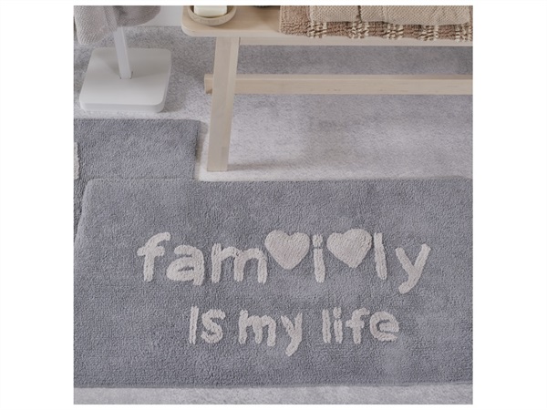 MAISON SUCREE Messaggi family, tappeto in puro cotone con trattamento antiscivolo 60x110, grigio