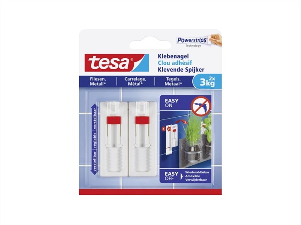 TESA Confezione 2 chiodi adesivi regolabili per piastrelle, 3 kg, bianco