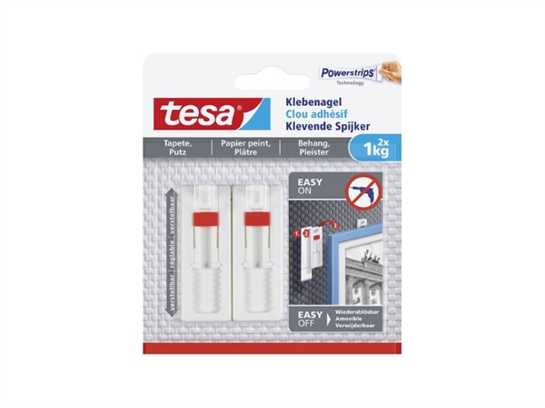 TESA Confezione 2 chiodi adesivi regolabili a muro, 1 kg, bianco