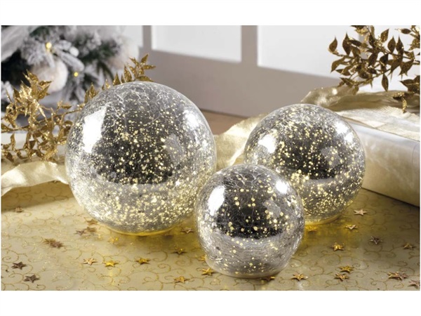 MASCAGNI Sfera in vetro craquelé argentato con luci led, alimentazione a batteria