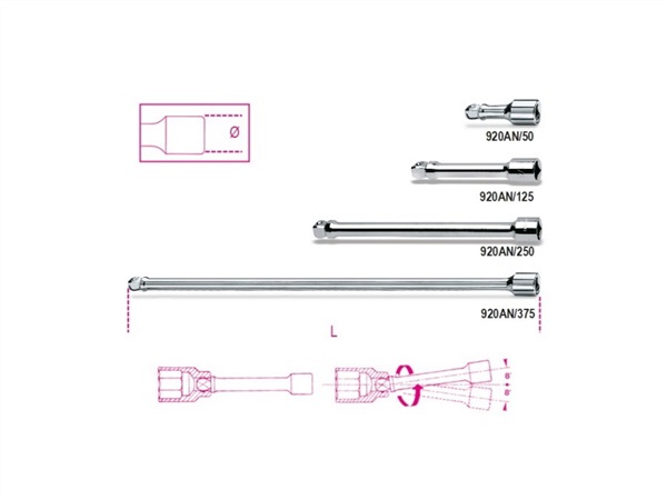 BETA UTENSILI PROLUNGHE CON ATTACCHI QUADRI MASCHIO E FEMMINA 1/2" ANGOLARI, CROMATE - ART.920AN