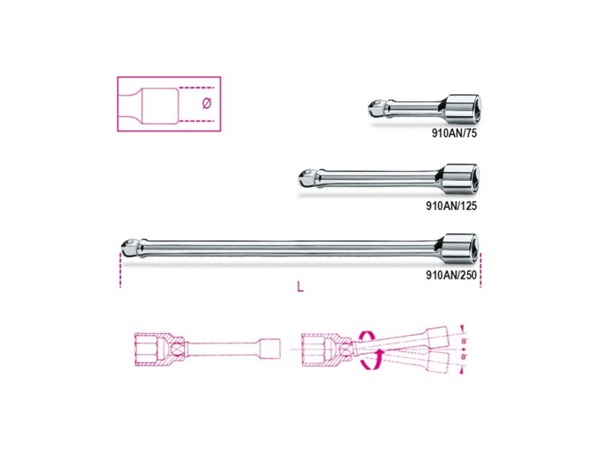 BETA UTENSILI PROLUNGHE CON ATTACCHI QUADRI MASCHIO E FEMMINA 3/8" ANGOLARI, CROMATE - ART. 910AN