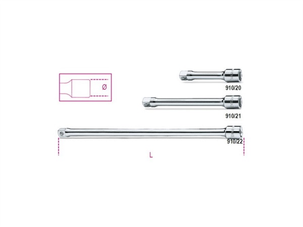 BETA UTENSILI PROLUNGHE CON ATTACCHI QUADRI MASCHIO E FEMMINA 3/8" CROMATE - ART. 910/20 - 910/21 - 920/22