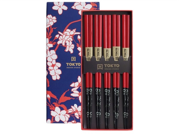 TOKYO DESIGN STUDIO Chopstick, set 5 coppie di bacchette, red black flower