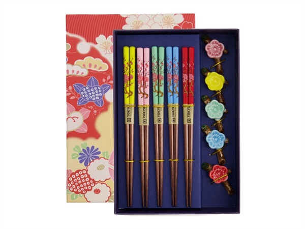 TOKYO DESIGN STUDIO Chopstick, set 5 coppie di bacchette con supporto, sakura