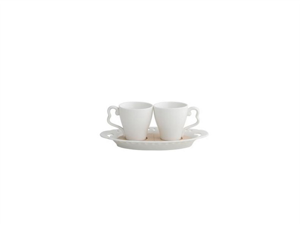 SERVIZIO TAZZINE CAFFE' TETE A TETE CON VASSOIETTO TRAFORATO IN PORCELLANA BIANCA E IN BAMBOO NATURALE BRANDANI
