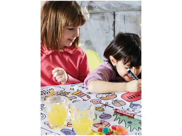 MAISON SUCREE Xmas Colors, Tovaglietta americana in cotone/lino da colorare 155x180 cm + 6 pennarelli per tessuto