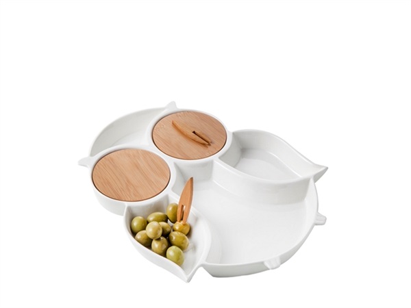 ANTIPASTIERA GUFO IN PORCELLANA BIANCA E BAMBOO CON DUE FORCHETTE IN BAMBOO BRANDANI