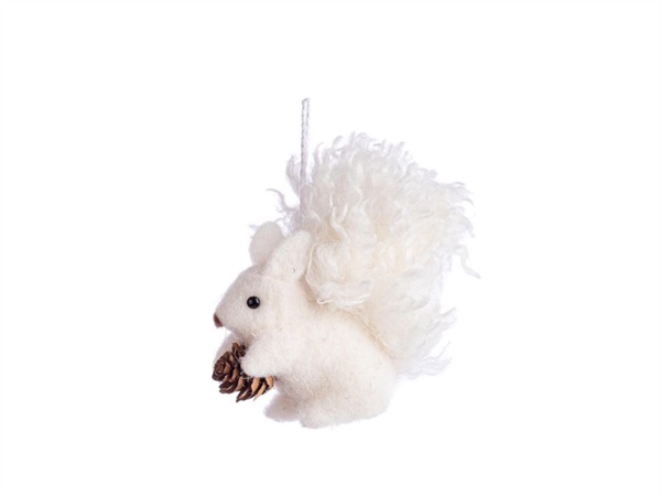 BIZZOTTO Pendaglio in lana merril scoiattolo bianco con pigna, 12x5x8,5h cm