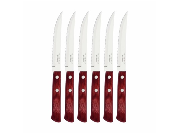 TRAMONTINA Polywood Rosso, Set 6 Coltelli Bistecca con Lame in Acciaio Inox e Manici in Legno Trattato