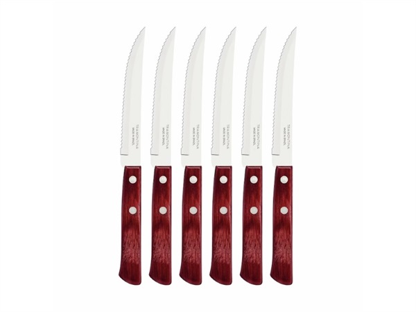 TRAMONTINA Polywood Rosso, Set 6 Coltelli Bistecca con Lame in Acciaio Inox e Manici in Legno Trattato