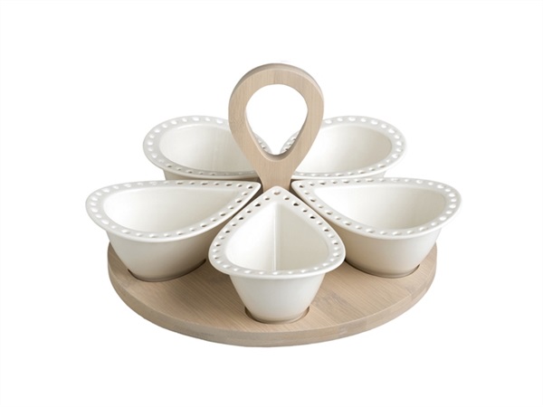 BRANDANI GIFT GROUP S.A.S. ANTIPASTIERA TRAFORATA GOCCIA DI CUORI IN PORCELLANA BIANCA CON SUPPORTO IN BAMBOO NATURALE BRANDANI