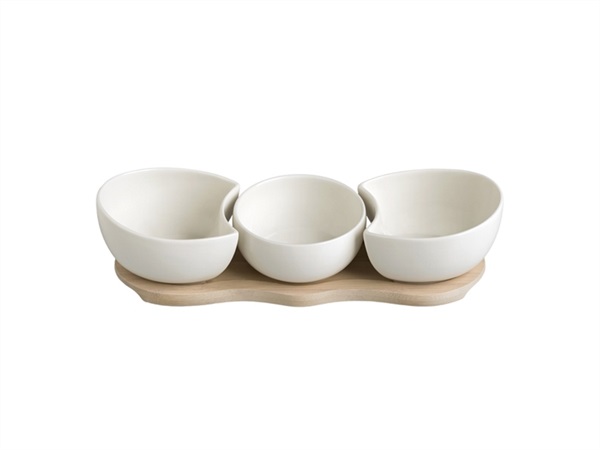 ANTIPASTIERA PAPILLON IN PORCELLANA BIANCA CON SUPPORTO IN BAMBOO NATURALE BRANDANI