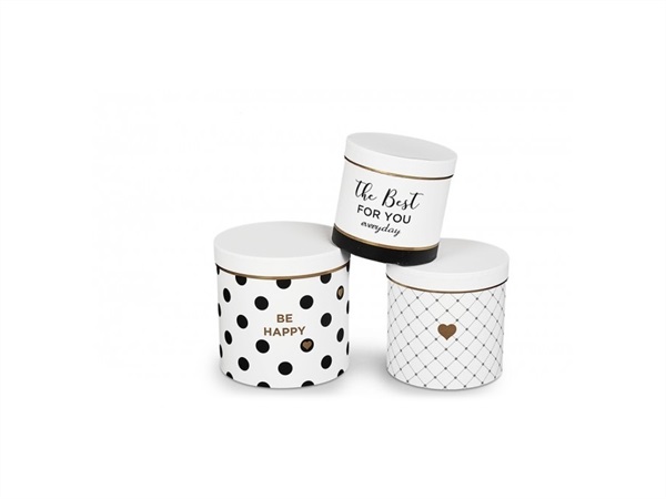 Bauletto/scatola con coperchio rotonda in cartone "flower box", bianco/nero