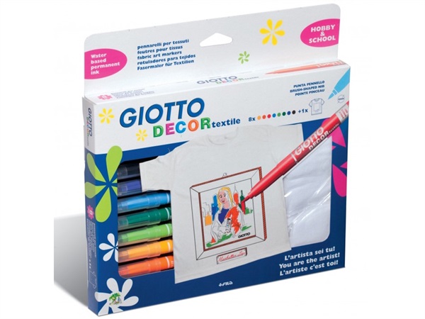 GIOTTO Decor textile, scatola 8 colori + t-shirt m bimbo