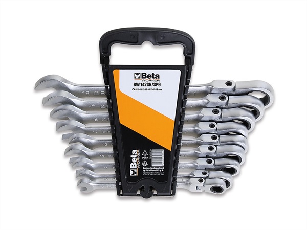 BETA UTENSILI Serie di 9 chiavi combinate a cricchetto snodate con supporto compatto BW142SN/SC9