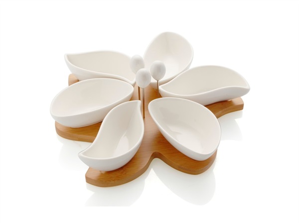 BRANDANI GIFT GROUP S.A.S. ANTIPASTIERA SPICCHI DI SOLE IN PORCELLANA BIANCA CON SUPPORTO IN BAMBOO E 3 FORCHETTINE IN ACCIAIO INOX BRANDANI