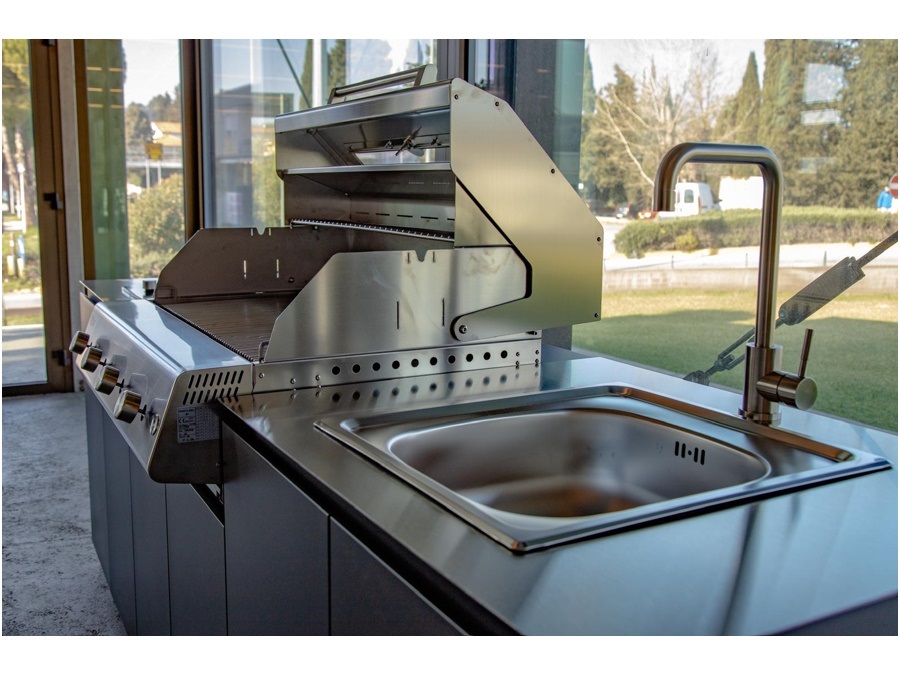 FLAMINIA OUTDOOR Cucina economica da esterno, ral 7016, con bbq 4 fuochi e fornello laterale