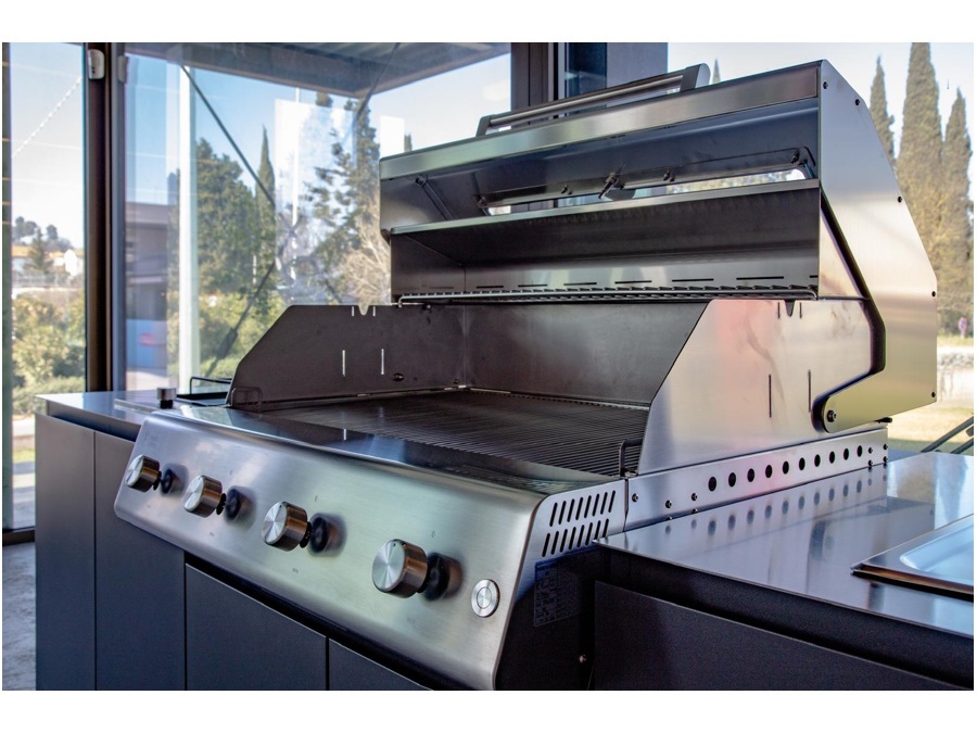 FLAMINIA OUTDOOR Cucina economica da esterno, ral 7016, con bbq 4 fuochi e fornello laterale