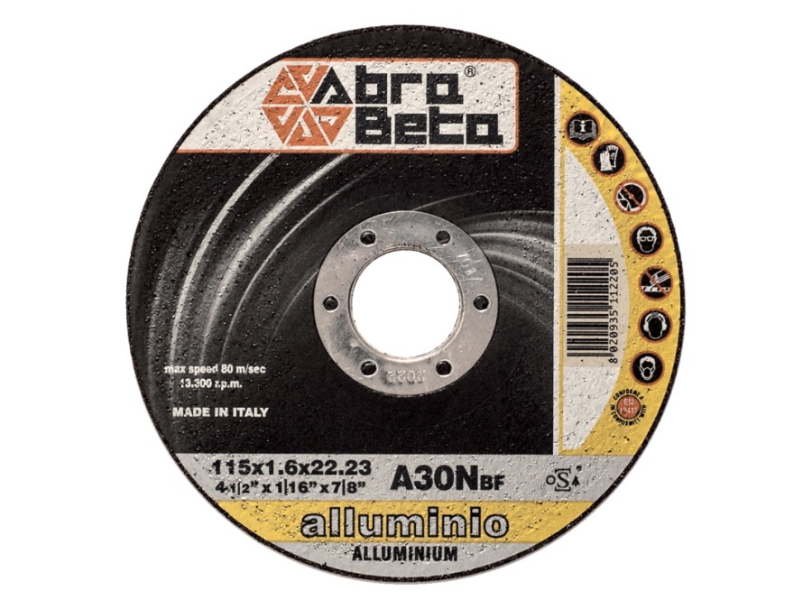 ABRA BETA Disco A30N, per alluminio, ottone e bronzo, centro piano - MISURA (Diam) 115 mm - (Spess) 1,6 mm - (Foro) 22,23 mm - (Max RPM) 13300