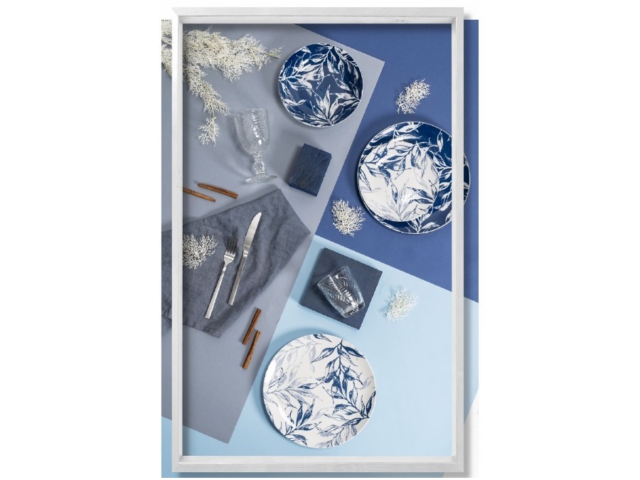VILLA D'ESTE HOME TIVOLI Forest Leaf Blue, Servizio piatti 18 pezzi in porcellana